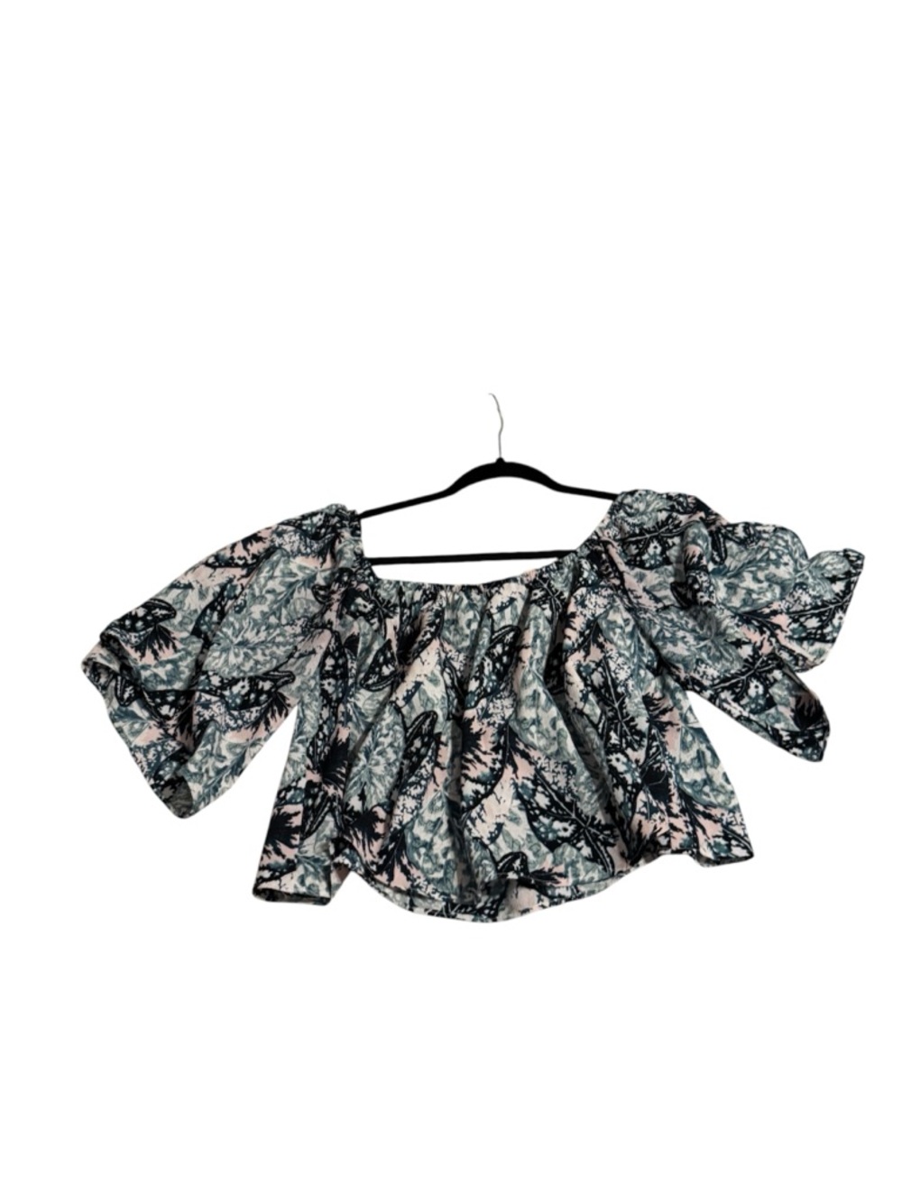 bebe Floral Butterfly Off-Shoulder Crop Top in Green & Pink Y2K boho festival